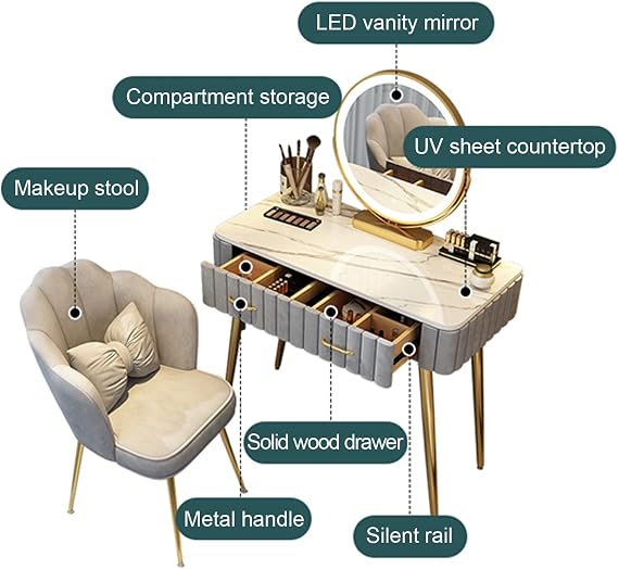 Stylish Grey Makeup Vanity Set with LED Mirror & Stool - 39.3in Cosmetic Table for Women, Modern Dressing Desk for Beauty & Grooming Essentials