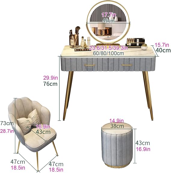 Stylish Grey Makeup Vanity Set with LED Mirror & Stool - 39.3in Cosmetic Table for Women, Modern Dressing Desk for Beauty & Grooming Essentials