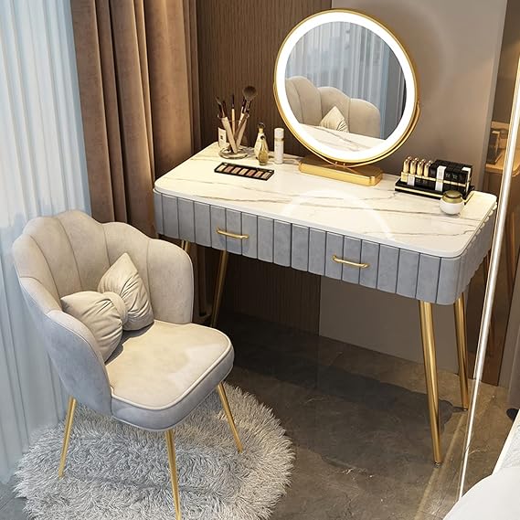 Stylish Grey Makeup Vanity Set with LED Mirror & Stool - 39.3in Cosmetic Table for Women, Modern Dressing Desk for Beauty & Grooming Essentials